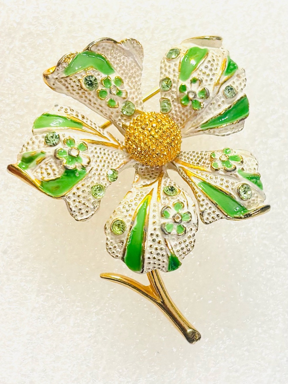 Vintage BSK Green White & Gold Flower Brooch